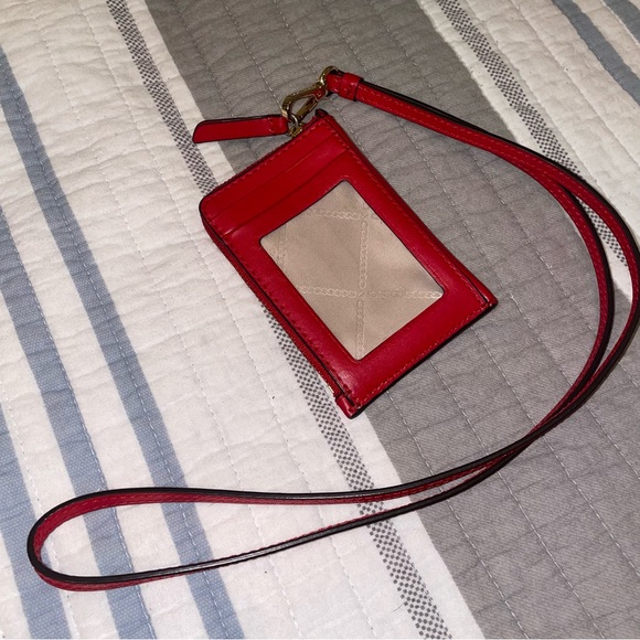 Michael Kors Scarlet Red Saffiano Leather Zip Card Holder ID Window with Strap - Picture 4 of 16